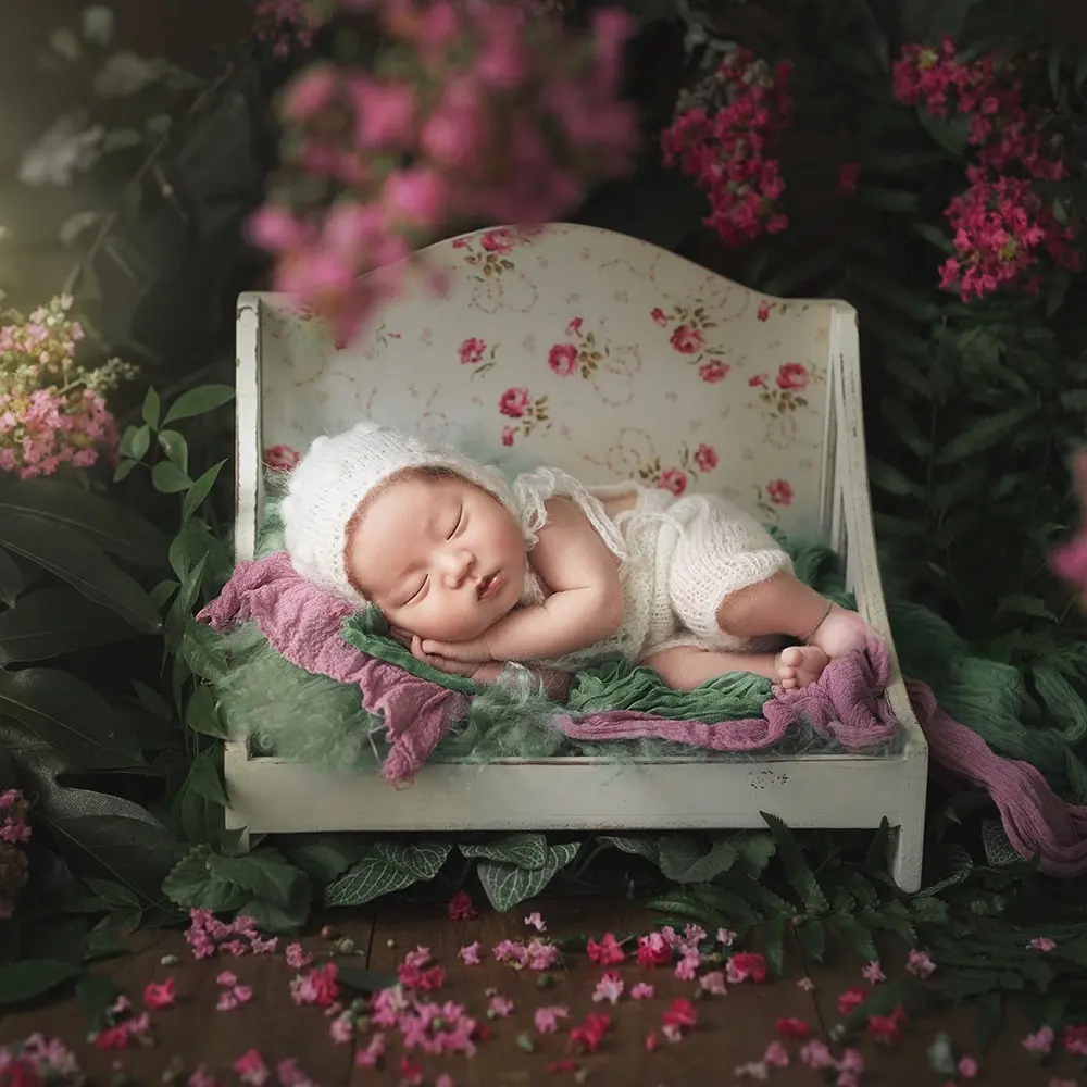 Vintage Printed Wooden Bed - Newborn Photography Props